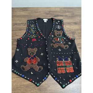 Yarnworks Ugly Christmas Sweater Vest Women's Large Beadwork Teddy Bear